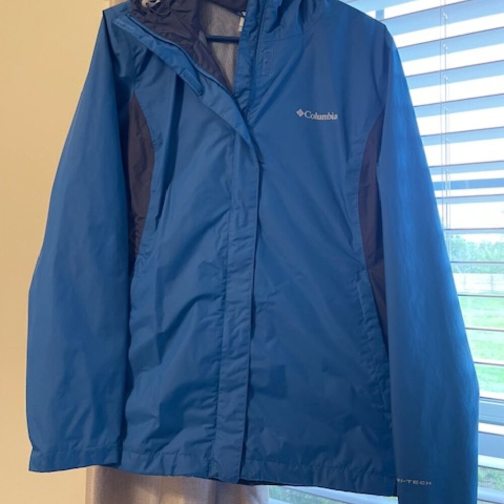 Columbia Blue and Navy Women's Hooded Rain Shell